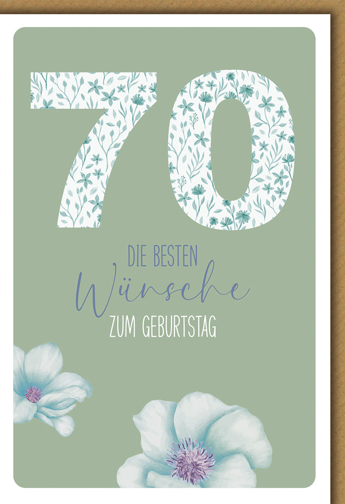 Geburtstagskarte 70. Geburtstag: Elegante Blütenmuster in Salbeigrün mit floralen Akzenten