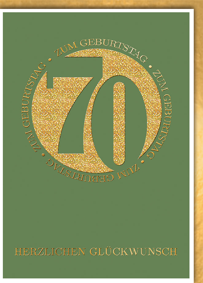 Geburtstagskarte 70. Geburtstag: Elegante goldene 70 auf grünem Grund mit Glitzer-Effekt