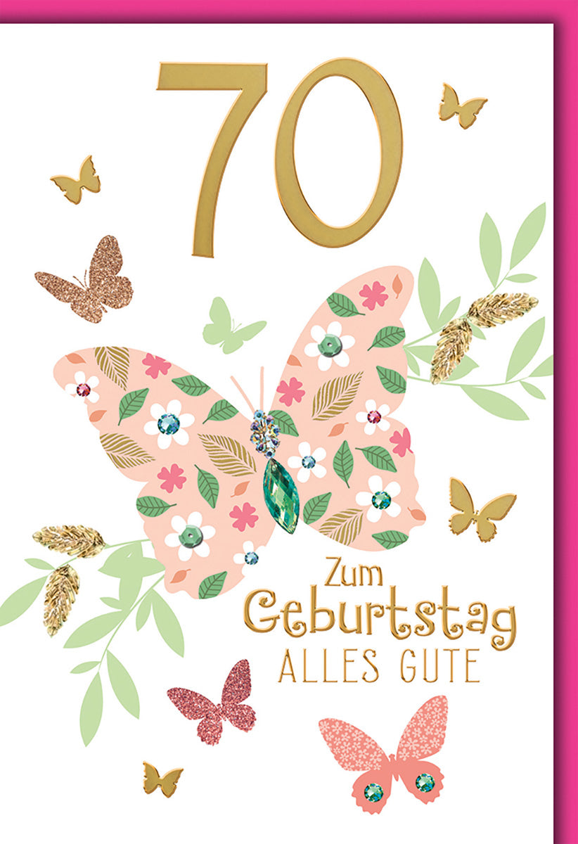 Geburtstagskarte 70. Geburtstag: Eleganter Schmetterling mit Blumenmotiv und Goldakzenten für Frauen