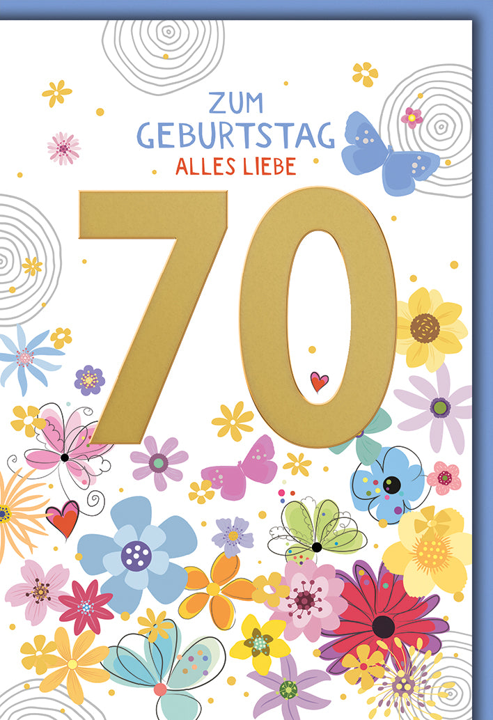 Geburtstagskarte 70. Geburtstag: Goldene Zahl mit buntem Blütenmeer, elegant