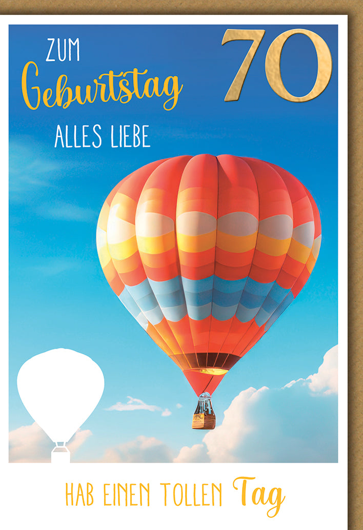 Geburtstagskarte 70. Geburtstag: Heißluftballon in Orange-Blau mit eleganter Typografie