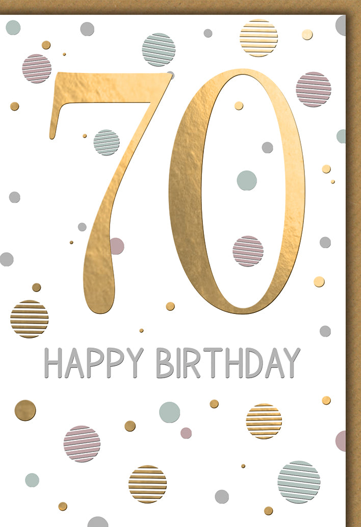Geburtstagskarte 70: Goldene Zahl mit bunten Konfetti-Punkten, elegant-modern