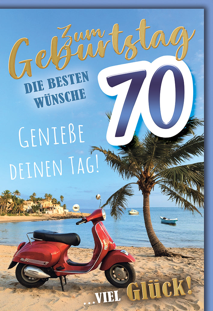 Geburtstagskarte 70: Roter Vespa-Roller am Traumstrand mit Palme, elegante Goldschrift