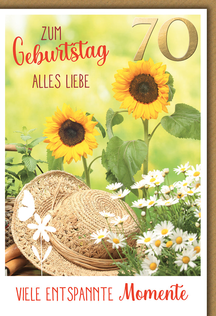 Geburtstagskarte 70: Sonnenblumen-Garten mit Strohhut, entspannte Sommer-Atmosphäre