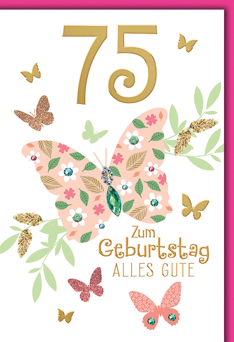 Geburtstagskarte 75. Geburtstag: Eleganter Schmetterling mit Blumenmotiv und Goldakzenten für Damen