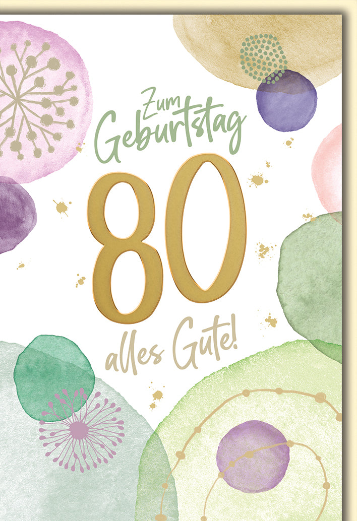 Geburtstagskarte 80. Geburtstag: Aquarell-Kreise in Pastelltönen mit elegantem Design