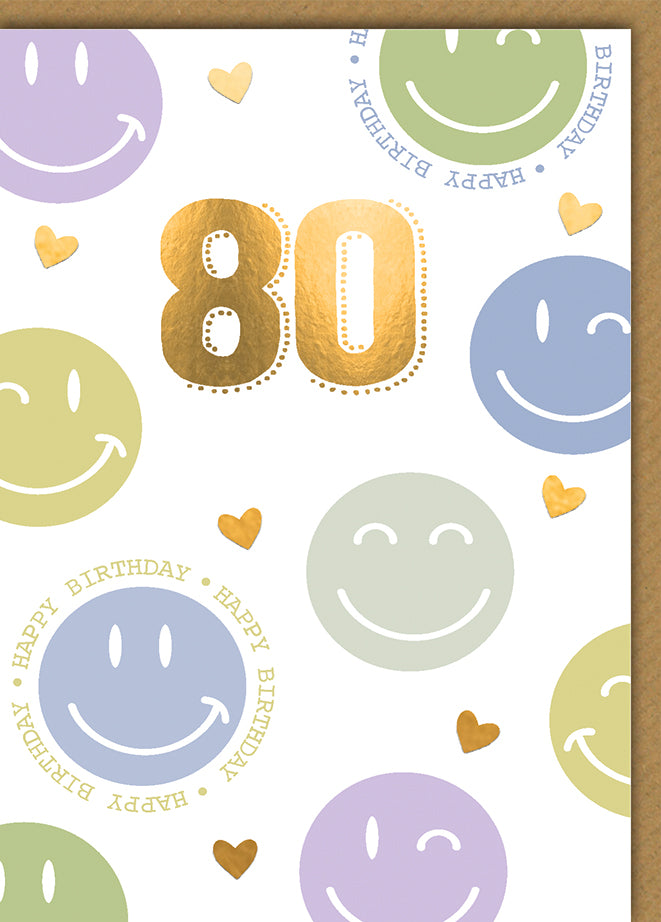 Geburtstagskarte 80. Geburtstag: Bunte Pastell-Smileys mit goldener 80 und Herzchen