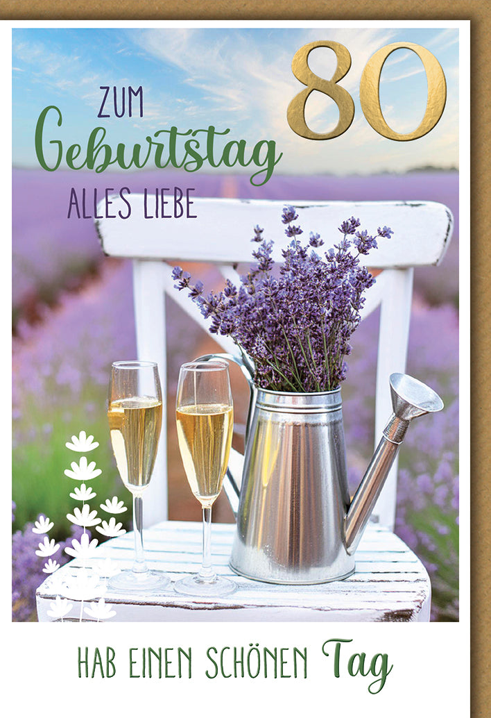 Geburtstagskarte 80. Geburtstag: Champagnergläser & Lavendel in Gießkanne, elegante Landschaft