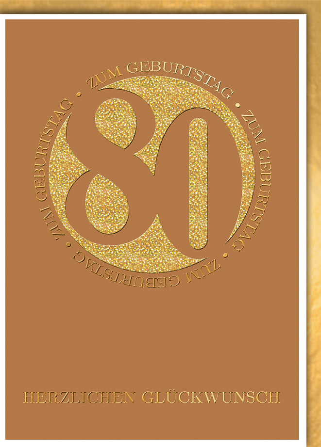 Geburtstagskarte 80. Geburtstag: Elegante goldene 80 in Glitzer-Optik auf warmem Ocker