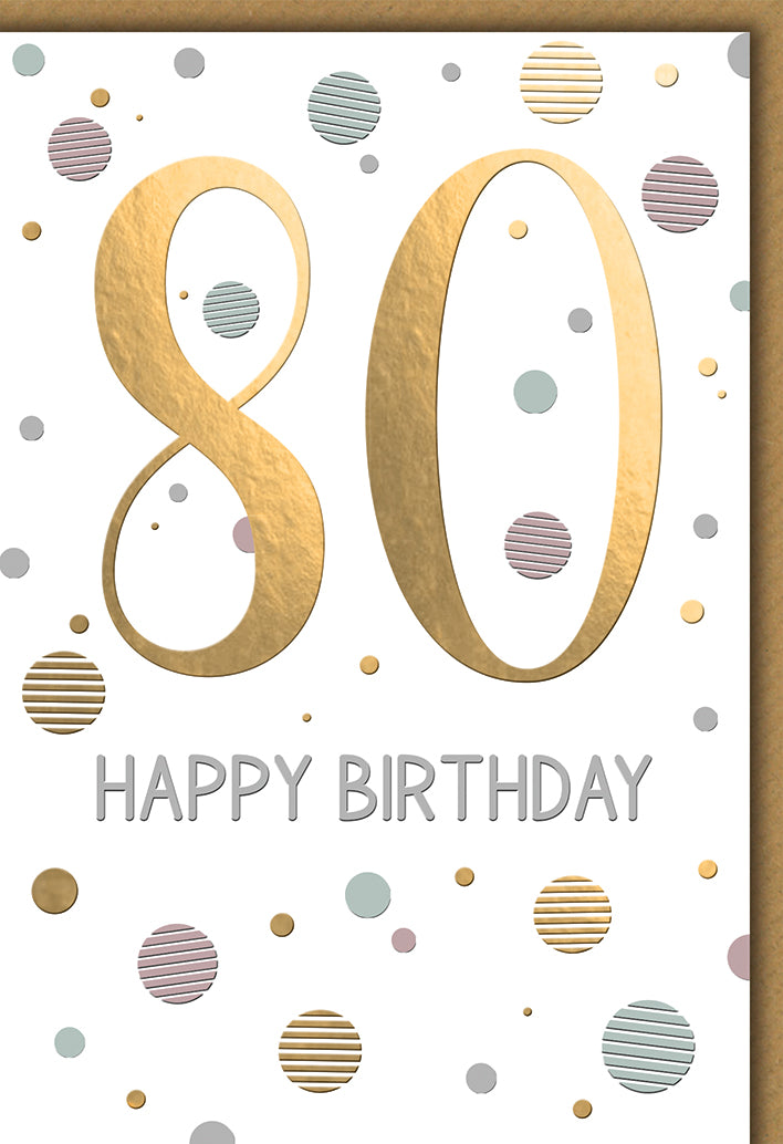 Geburtstagskarte 80. Geburtstag: Goldene 3D-Zahl mit bunten Konfetti-Punkten, elegant