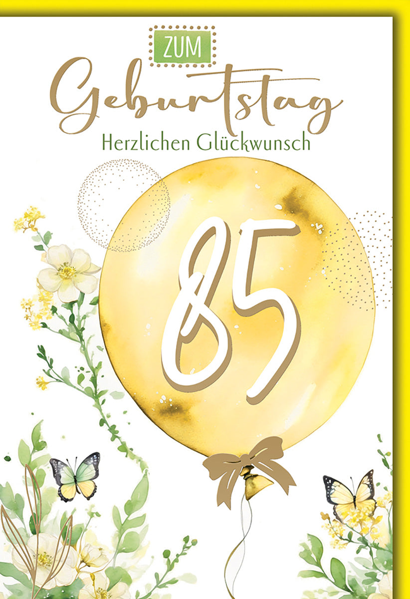 Geburtstagskarte 85: Elegantes Blumendesign mit goldener Zahl und Schmetterlingen für Damen