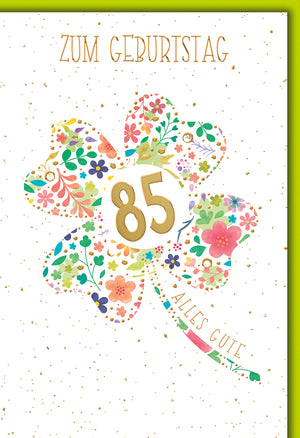 Geburtstagskarte 85. Geburtstag: Florales Kleeblatt-Motiv in bunten Aquarell-Tönen