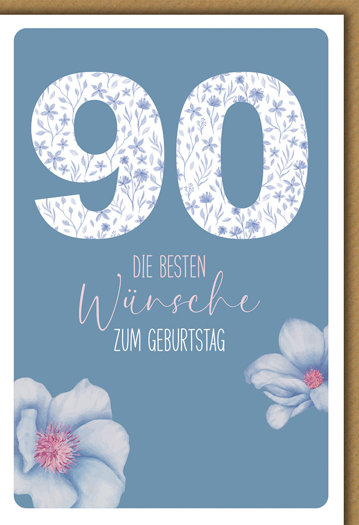 Geburtstagskarte 90. Geburtstag: Elegante Blütenmuster in Blau-Weiß mit floralen Akzenten