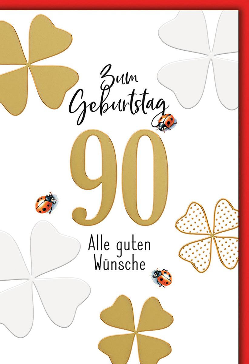 Geburtstagskarte 90. Geburtstag: Elegantes Kleeblatt-Design mit Marienkäfern in Gold und Weiß