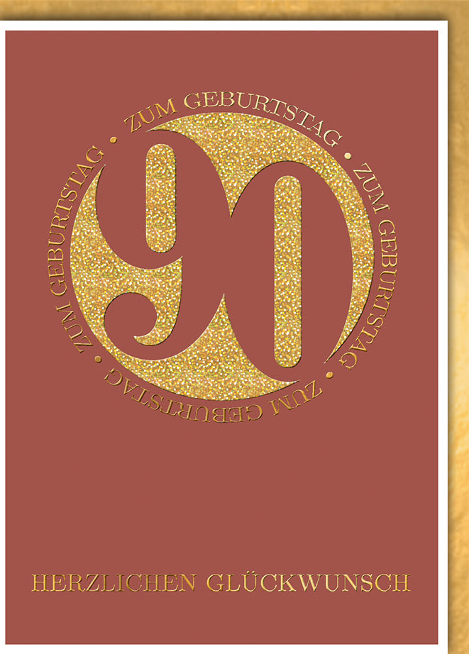 Geburtstagskarte 90. Geburtstag: Goldene Zahl im Kreis auf elegantem Ziegelrot