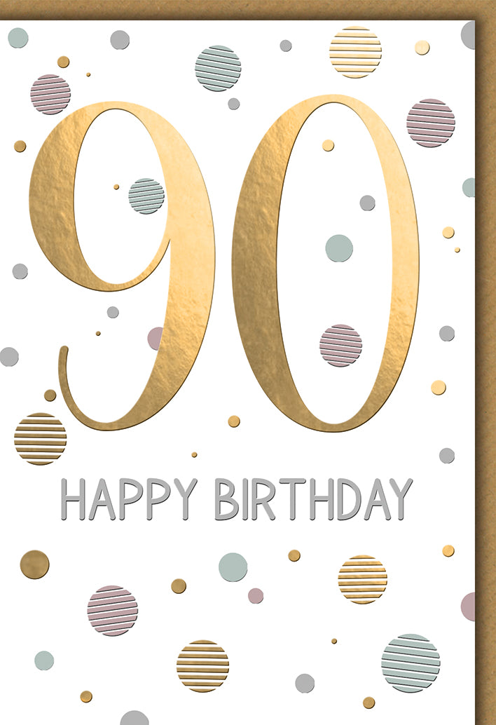 Geburtstagskarte 90: Große goldene Zahl mit bunten Konfetti-Punkten, elegant