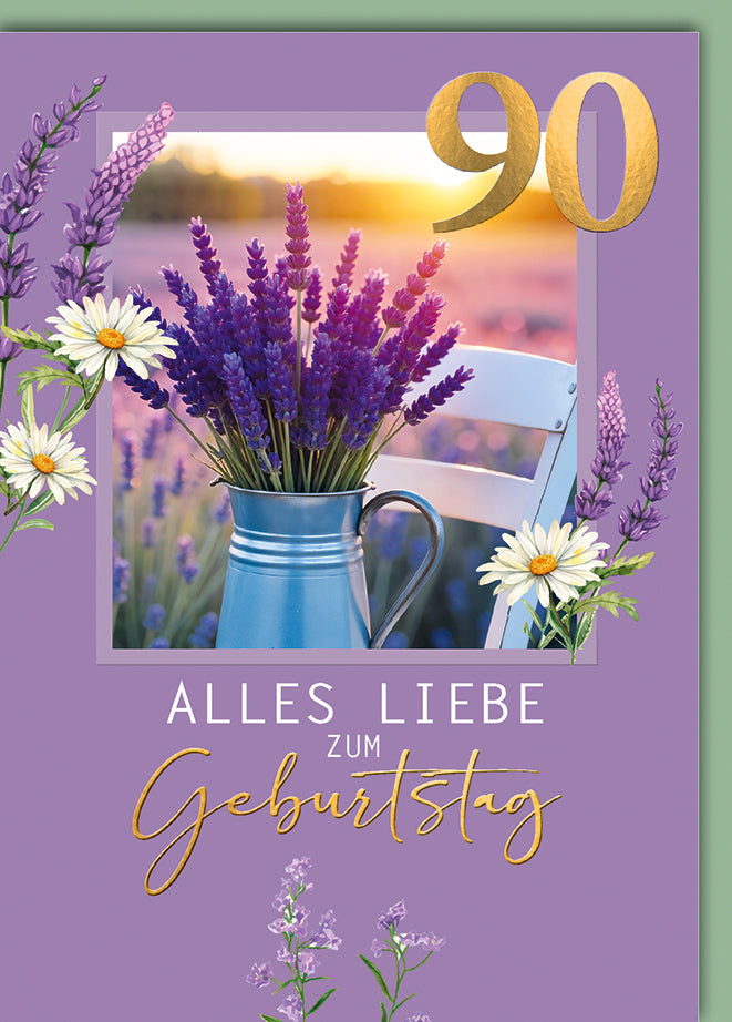 Geburtstagskarte 90 Jahre: Lavendel-Bouquet in blauer Vase, elegante Typografie