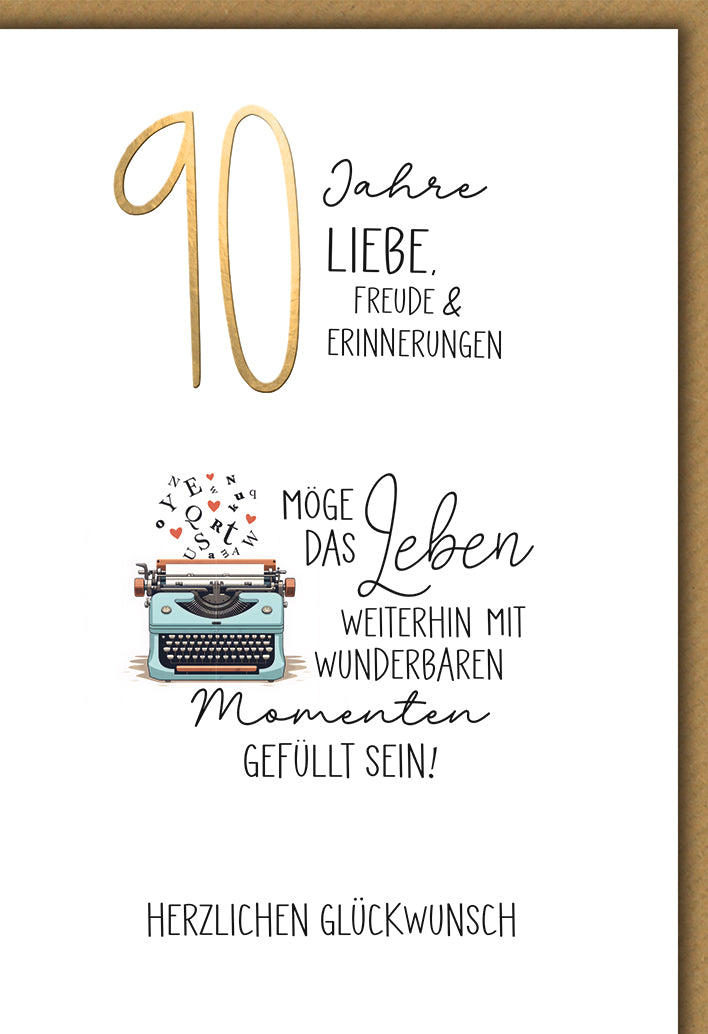 Geburtstagskarte 90 Jahre: Vintage Schreibmaschine mit goldener Typografie, elegant