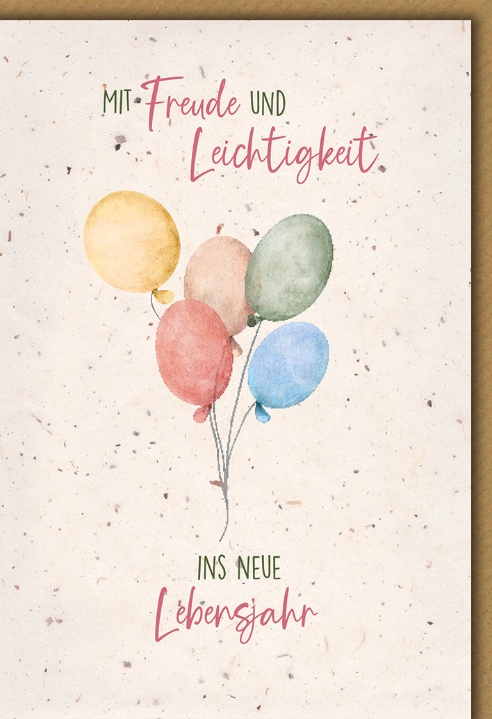 Geburtstagskarte Aquarell: Fünf bunte Luftballons in Pastelltönen mit inspirierendem Spruch