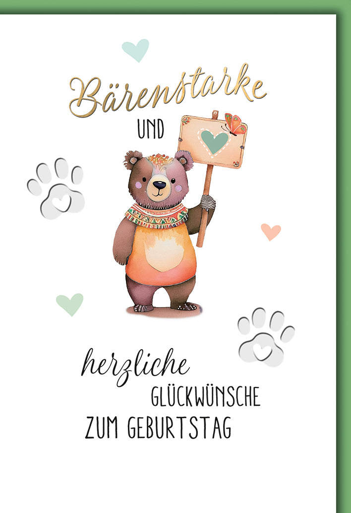 Geburtstagskarte Bär: Niedlicher Teddy mit Herzschild in Aquarell-Optik, romantisch
