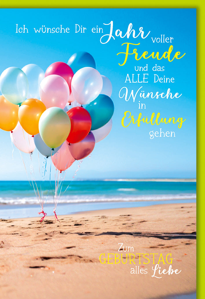 Geburtstagskarte Ballons: Bunte Luftballons am Strand mit inspirierendem Spruch