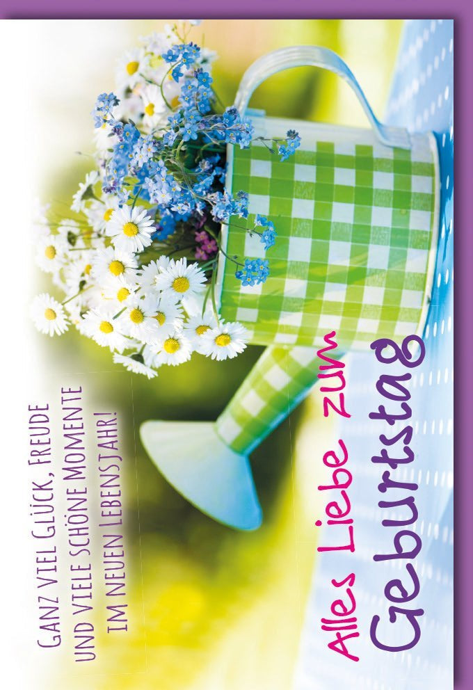Geburtstagskarte "Glücksmomente": Bunte Blumen & Gießkanne Design – Herzliche Wünsche für ein frohes neues Lebensjahr mit Kuvert