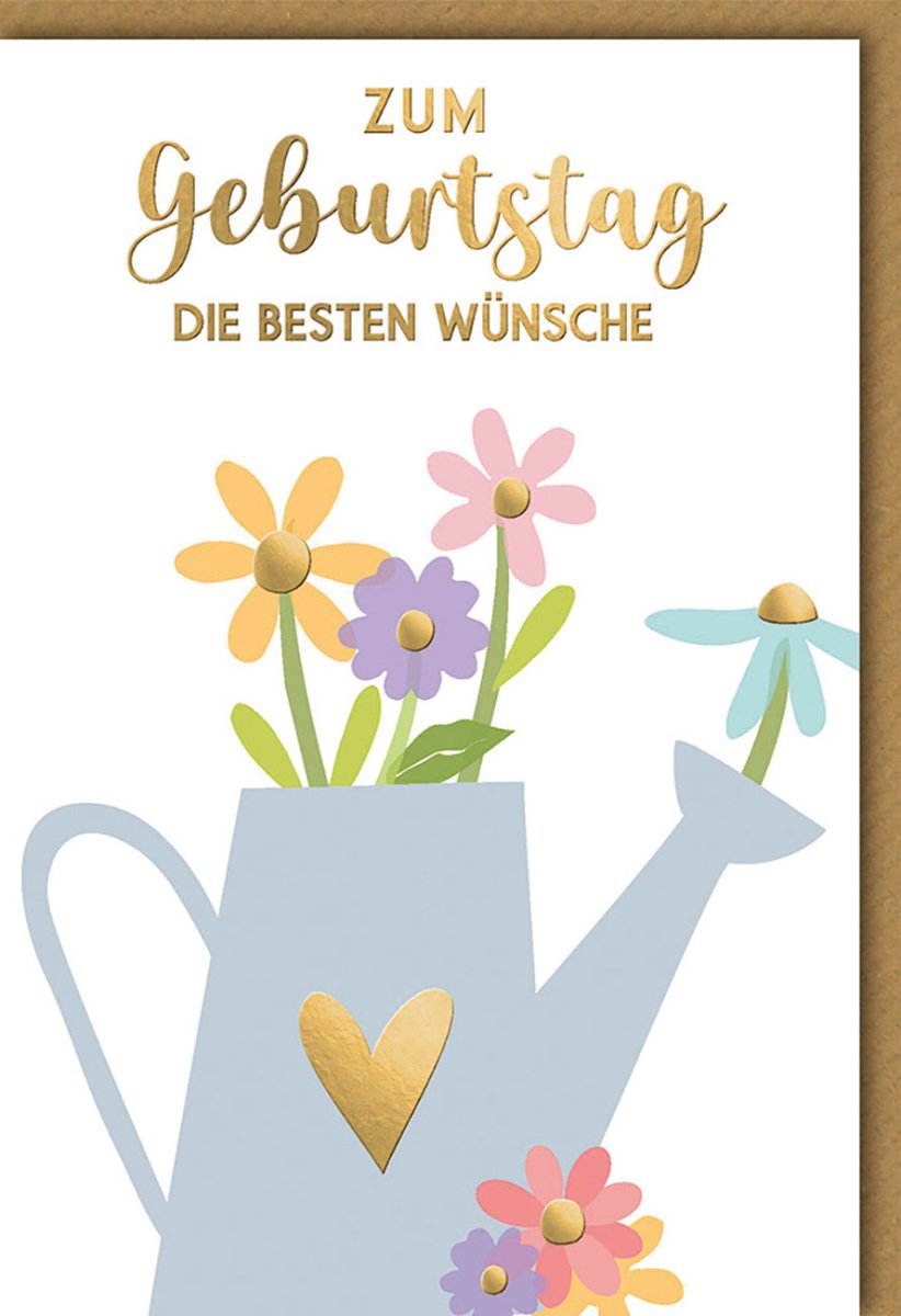 Geburtstagskarte Elegant: Blumendesign mit Goldherz, Blind- & Folienprägung auf Naturkarton – inkl. farblich passendem Kuvert