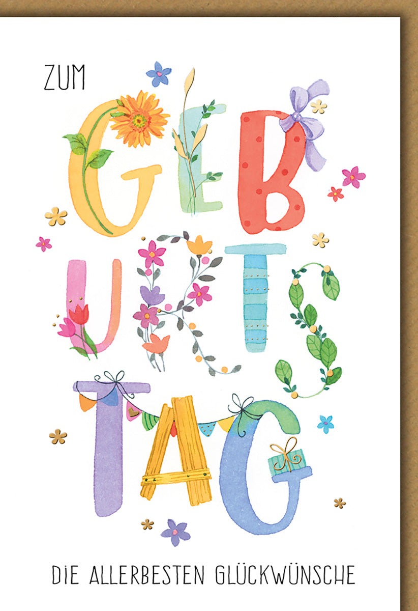 Geburtstagskarte Blumenmotiv: Bunte Buchstaben und florale Details – Fröhliche Glückwünsche