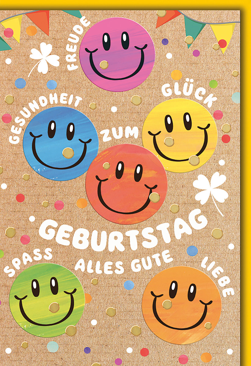 Geburtstagskarte Bunt & Fröhlich: Smiley-Motive, Glückwünsche in Regenbogenfarben für Gute Laune