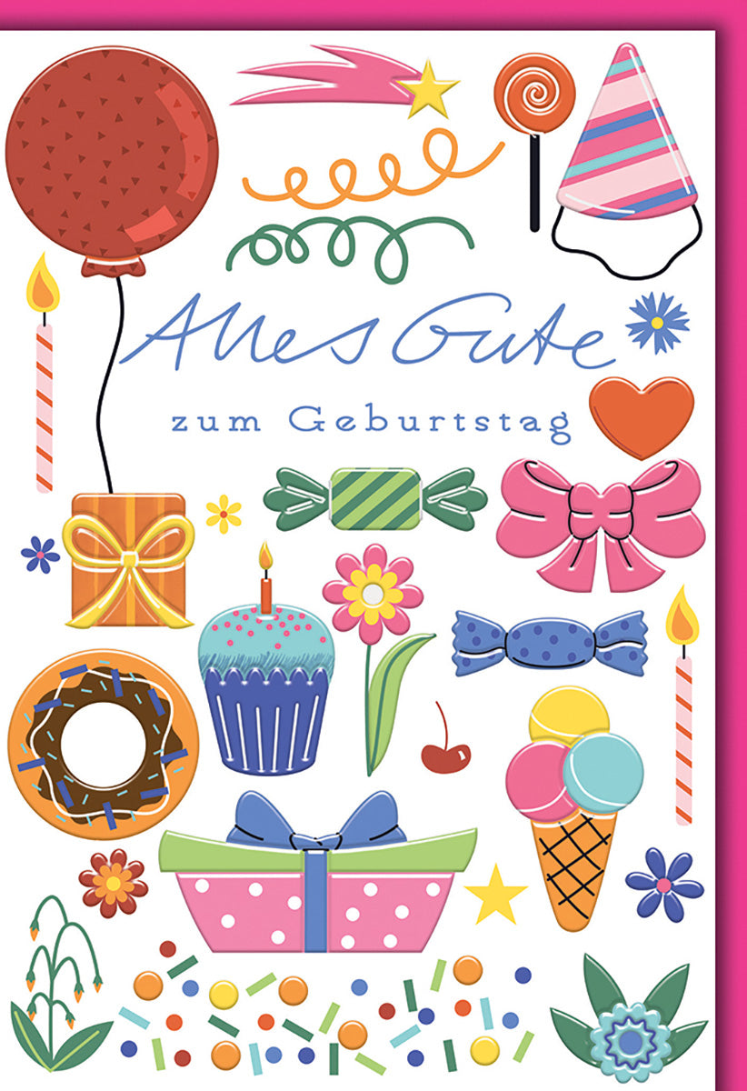 Geburtstagskarte Bunt & Fröhlich: Verspielte Illustrationen mit Ballons, Geschenken & Kerzen für Alle