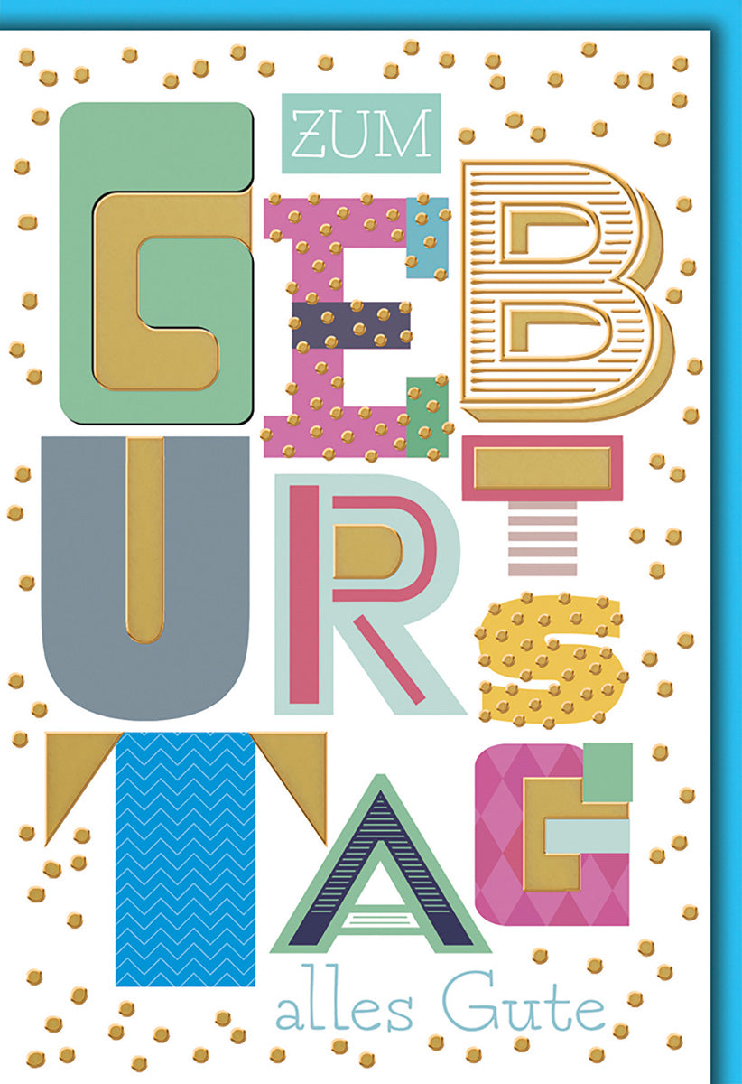 Geburtstagskarte Bunt & Kreativ – Verspielte Buchstaben, Goldakzente, Pastelltöne für Jeden