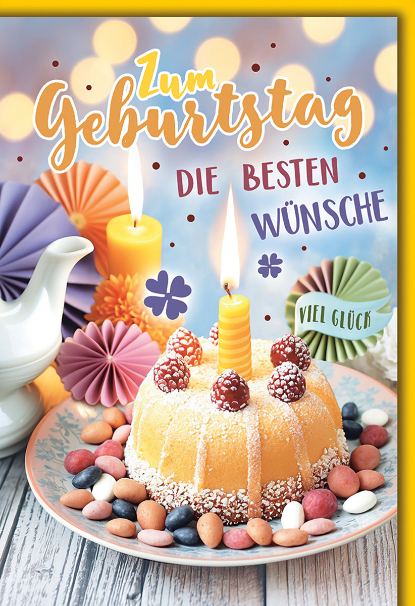 Geburtstagskarte: Bunte Kerzen & Kuchen, Verspieltes Design mit Glückwünschen für Fröhliche Feiern