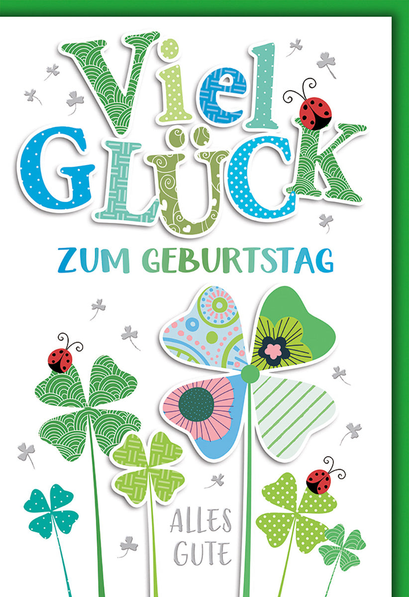 Geburtstagskarte: Bunte Kleeblätter & Marienkäfer, Glückwünsche in fröhlichen Farben für alle Altersgruppen