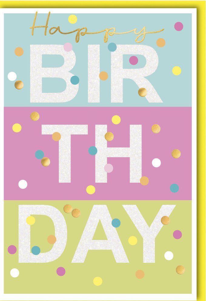 Geburtstagskarte "Happy Birthday" – Moderne, farbenfrohe Punkte mit Glitzerlack & Folienprägung. Edle Grußkarte mit Kuvert für Freunde & Familie.