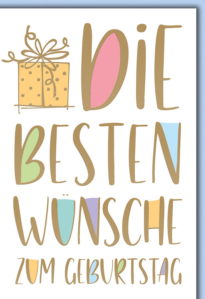 Geburtstagskarte: Bunte Typografie mit Geschenk-Motiv – Fröhliche Farben für universelle Geburtstagsgrüße