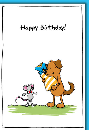 Geburtstagskarte Comic: Hund mit Geschenk und Maus, fröhliche Illustration