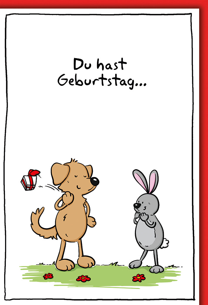 Geburtstagskarte Comic-Stil: Hund mit Geschenk-Überraschung und Hase, lustige Tierillustration