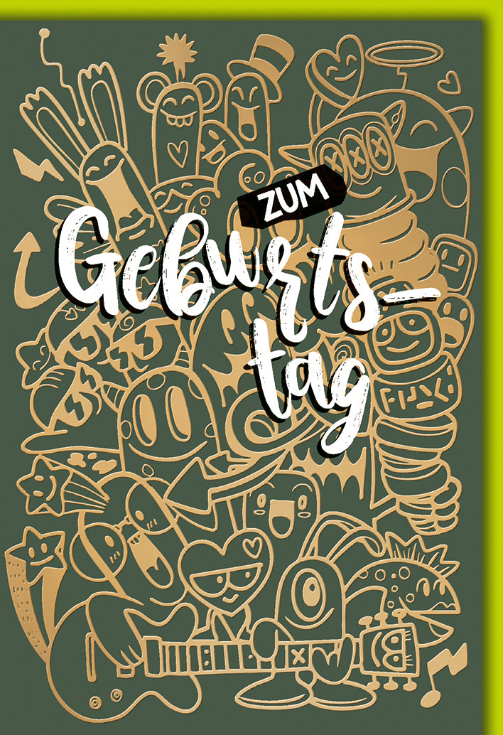 Geburtstagskarte Comic-Style: Bunte Doodle-Charaktere in Gold auf Grün, lustig modern