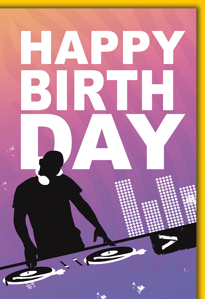 Geburtstagskarte DJ Party: Silhouette am Mischpult mit buntem Farbverlauf, modern