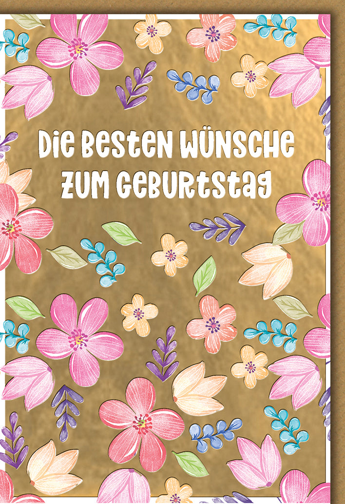 Geburtstagskarte Elegant: Aquarell-Blüten in Pink und Gold auf warmem Hintergrund