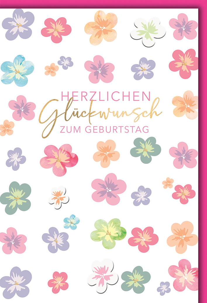 Geburtstagskarte Elegant: Aquarell-Blütenmuster in Pastell mit goldenem Glückwunsch-Text