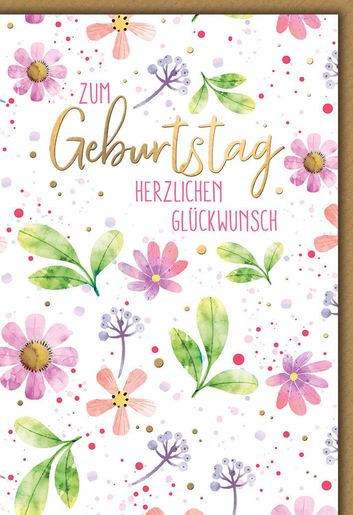 Geburtstagskarte Elegant: Aquarell-Blütenmuster in Rosa und Violett mit Gold-Details