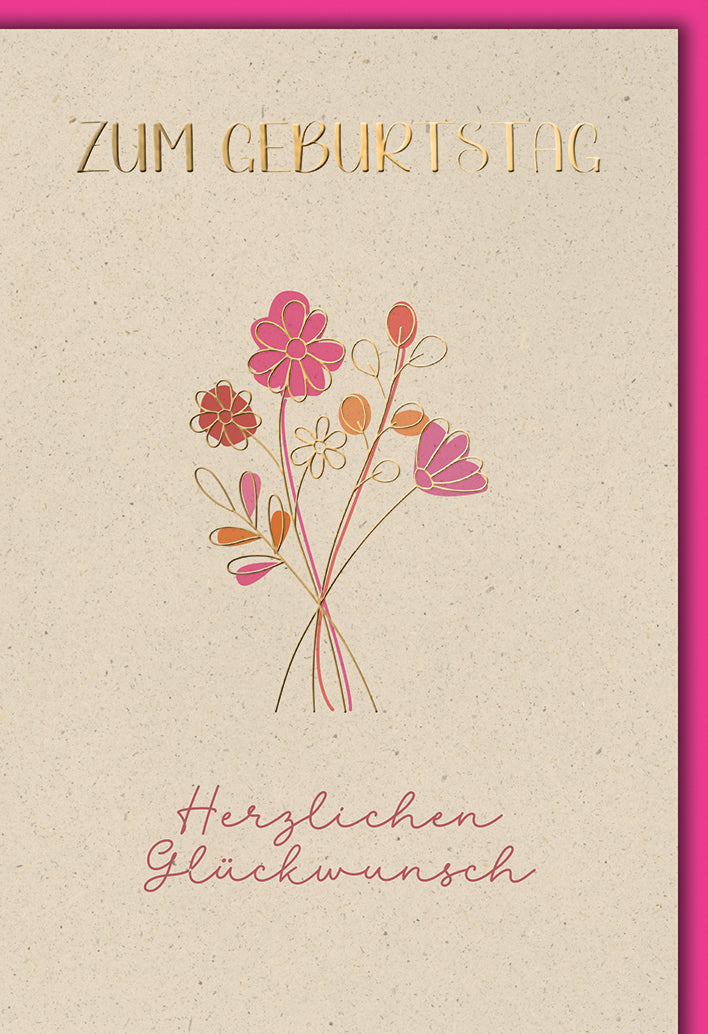 Geburtstagskarte Elegant: Aquarell-Blumenstrauß in Pink und Orange, moderne Typografie