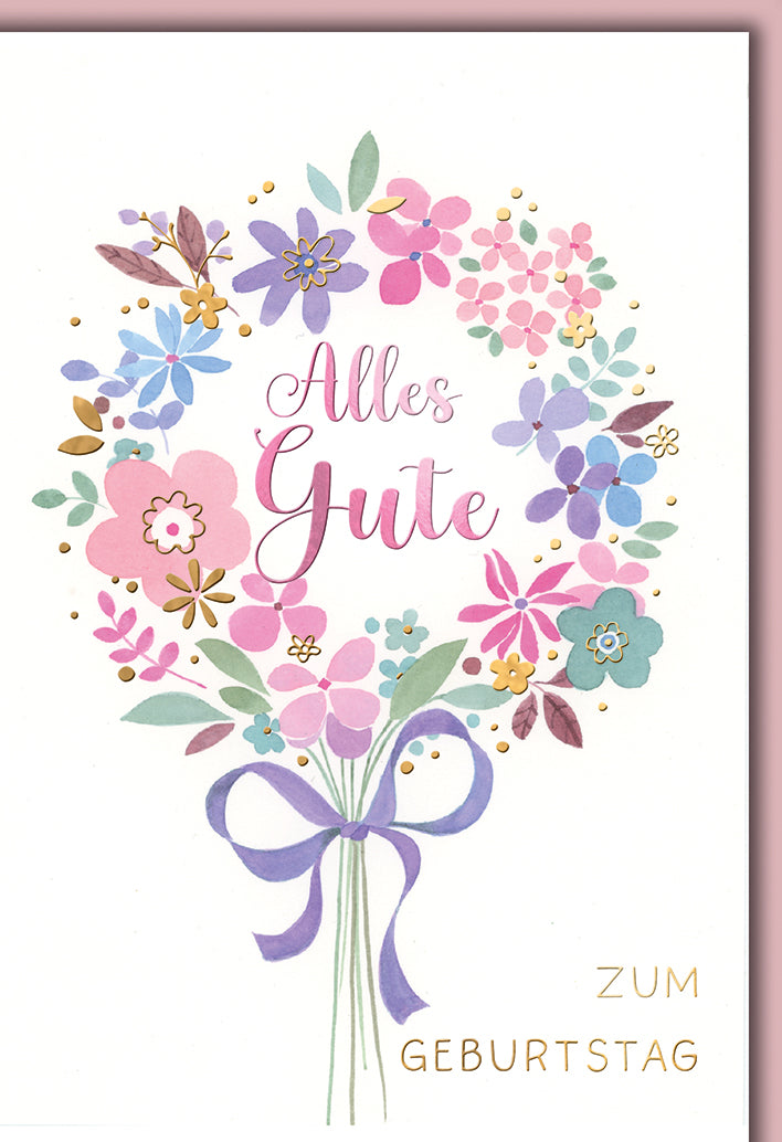 Geburtstagskarte Elegant: Aquarell-Blumenstrauß mit Schleife in Pastell-Farben