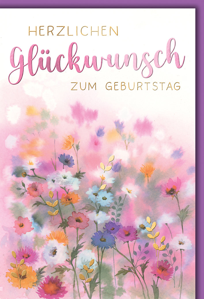 Geburtstagskarte Elegant: Aquarell-Blumenwiese in Rosa-Violett, zarte Wildblumen