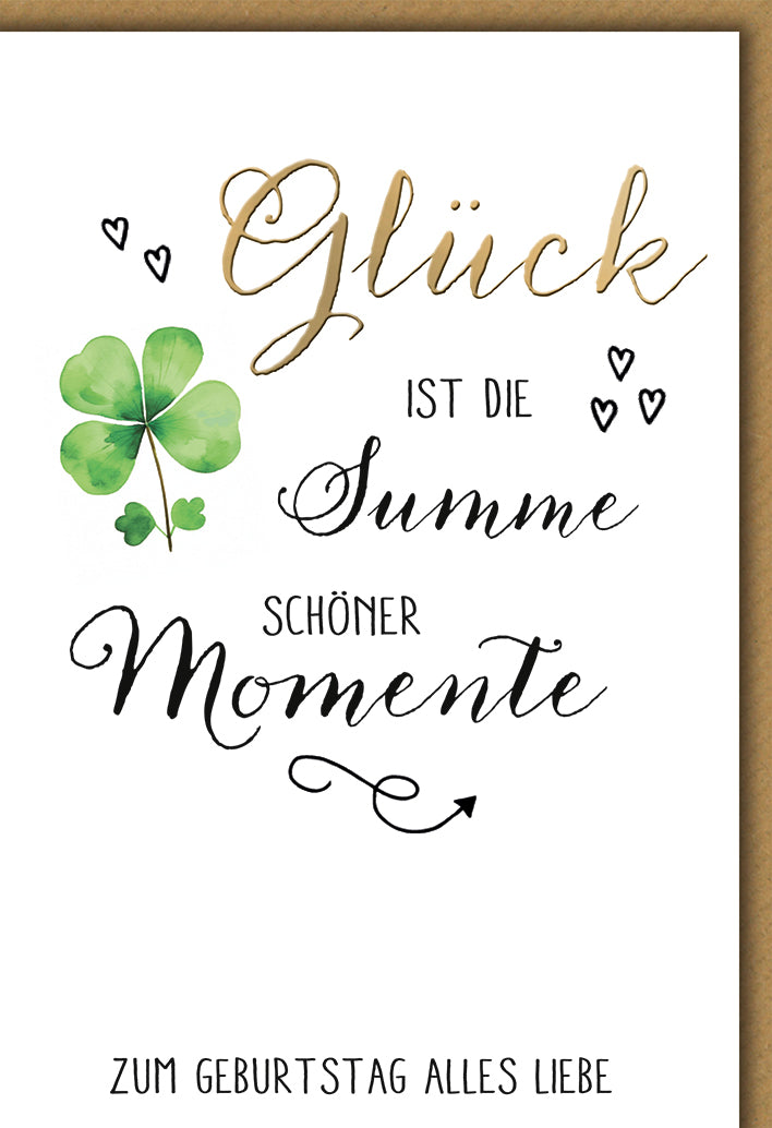 Geburtstagskarte Elegant: Aquarell-Kleeblatt in Grün mit goldenem Glück-Spruch