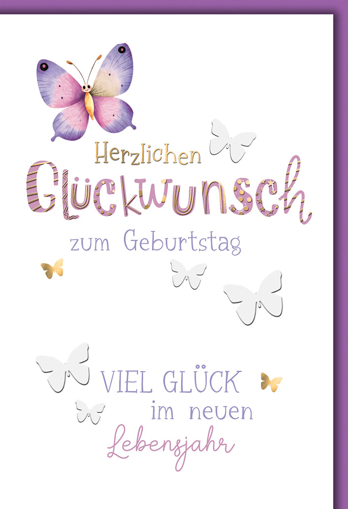 Geburtstagskarte Elegant: Aquarell-Schmetterling in Lila-Rosa mit Glückwunsch-Text