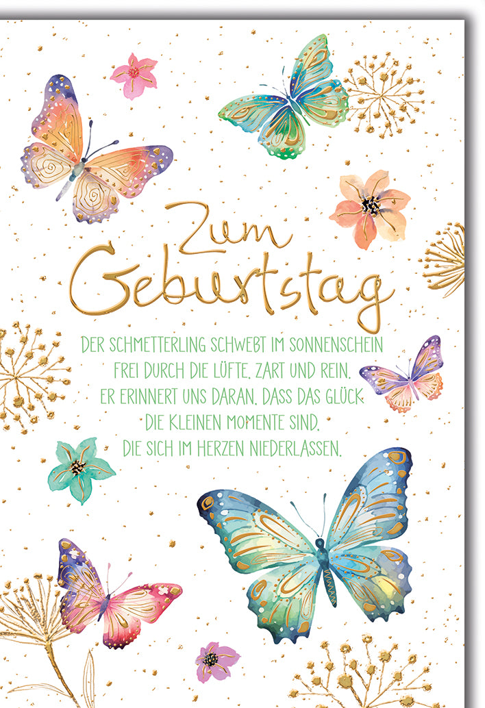 Geburtstagskarte Elegant: Aquarell-Schmetterlinge in Pastelltönen mit poetischem Spruch