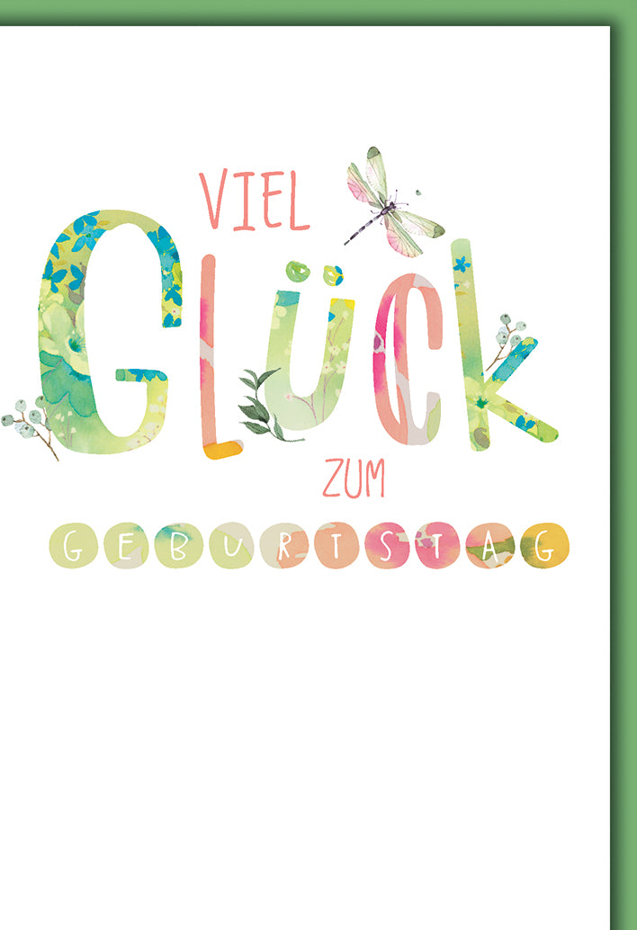 Geburtstagskarte Elegant: Aquarell-Schriftzug "Viel Glück" mit Libelle in Pastelltönen