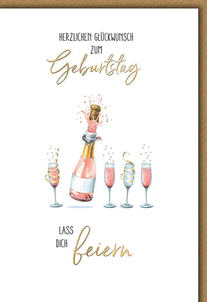 Geburtstagskarte Elegant: Aquarell Sektflasche mit Gläsern, moderne Typografie